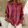 Women's pink plaid knit cardigan sweater with lapel collar and buttons for casual daily wear. - S / Purple Rose Red