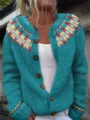 Close-up detail of the teal knitted cardigan featuring ethnic fair isle patterned yoke. - S / Tops / Cyan