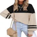Detail view of women color block crew neck lantern sleeve knit sweater in casual style. - S / Black and Dark Apricot