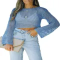 Primer plano detallado del crop top de punto azul calado, destacando su textura de malla fina. - Azul