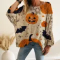 Halloween pumpkin bat print hollow out casual sweater for women off shoulder long sleeve top - S / Pumpkin