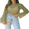 Vista detallada crop top de ganchillo verde oliva mujer jersey de punto de malla larga. - Verde Militar
