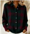 Detailed view of the dark green and burgundy plaid knitted cardigan with lapel and buttons. - S / Burgundy
