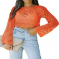 Jersey corto naranja de punto calado manga larga para mujer moda de primavera. - Naranja