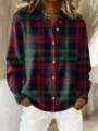 Women long sleeve plaid shirt casual lapel single breasted button down top for autumn. - S / Red