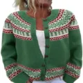 Detailed view of the women's green Christmas jacquard knitted cardigan with round neck. - S / Tops / Green Christmas