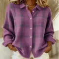 Women's purple plaid knitted cardigan lapel button down sweater top for casual daily wear - S / Tops / Light Purple