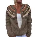 Close-up detail of women brown knit cardigan, exquisite ethnic jacquard pattern collar, buttons. - S / Tops / Camel