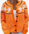Women Halloween Ghost Jacquard Knit Cardigan Orange Button Down Sweater Outerwear - S / Orange Ghost