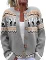Womens grey knit cardigan sweater featuring ethnic pattern and cat design for daily wear. - S / Black Cat Patchwork