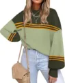 Women's color block striped sweater casual long lantern sleeve crewneck knit pullover top. - S / Fruit Green