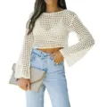 Top corto beige in crochet a manica lunga, maglione lavorato a maglia traforato elegante. - Taglia S / Albicocca