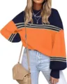 Casual women colorblock round neck lantern sleeve knitted pullover sweater daily wear variant SKU - S / Orange