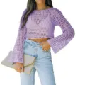 Moda mujeres violeta ganchillo punto crop top manga larga jersey calado casual top - Púrpura