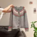 Grey fair isle knit cardigan for women, vintage ethnic patterned buttoned sweater top. - S / Tops / Gray
