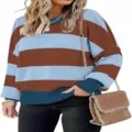 Women striped round neck lantern sleeve sweater casual loose knit pullover top variant - S / Cyan