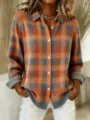 Women Orange Blue Plaid Knit Cardigan Sweater Lapel Single-Breasted Long Sleeve Casual Top - S / Gray