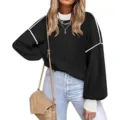 Women's Black Long Sleeve Contrast Piping Knit Sweater Casual Loose Pullover Top - S / Black