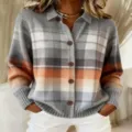 Women Plaid Knitted Cardigan Lapel Single Breasted Long Sleeve Casual Sweater Top - 3XL / Light Gray