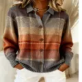 Women lapel plaid knitted cardigan sweater casual long sleeve button up casual outerwear - 3XL / Tops / Dark Gray