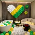 Conjunto de decoracion de globos de corazon 3D en degradado para fiestas romanticas. - Globo de Corazón Grande 3D Degradado Verde Mate Amarillo Blanco