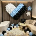 Kit de arco de globos en corazon degradado azul blanco negro para una fiesta romantica. - Globo de Corazón Grande 3D Degradado Negro Mate Macaron Azul Blanco