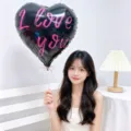 18 Inch Black Heart Foil Balloon with Pink Love Letters Party Decor Gift for Girls - I LOVE YOU / Pack of 5 / Black