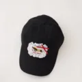 Kids black baseball cap featuring cute dachshund patch, lace trim and bow for outdoor sun days. - Black
