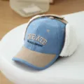 Kids corduroy earflap baseball hat, blue and khaki winter warm cap with cute embroidered text. - 【Head Circumference 50-54CM】 / Sky Blue