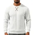 Men's White Long Sleeve Textured Sweater Casual Crewneck Pullover with Cross Neck Detail - White