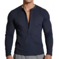 Maglietta Henley a manica lunga da uomo, tinta unita, vestibilità slim, autunno inverno elastico - Taglia S / Top / Blu navy