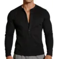 Maglietta Henley uomo tinta unita in maglia waffle a manica lunga top casual slim nero - Taglia S / Top / Nero