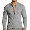 Maglia Henley uomo in maglia waffle grigia manica lunga vestibilità slim casual top - Taglia S / Top / Grigio chiaro