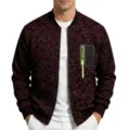 Mens maroon textured bomber jacket casual stand collar zip up outerwear with chest pocket - M / Tops / Burgundy