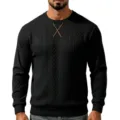 Men's black long sleeve knitted sweater, crew neck pullover with textured jacquard pattern. - Black