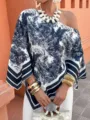 Women one shoulder floral printed loose blouse summer elegant asymmetrical 3/4 sleeve top - S / Tops / Navy Blue