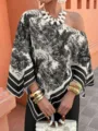 Stylish summer fashion elegant printed loose off-shoulder irregular sleeve top for women - S / Tops / Black