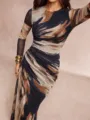 Chic women fashion elegant abstract marble print long sleeve round neck ruched midi long dress - Navy Blue