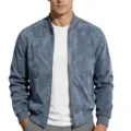Men's suede bomber jacket casual stand collar solid color zip up outerwear for daily wear - Light Blue