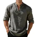 Camisa de hombre casual de manga larga con cuello en V a rayas top básico diario - Gris
