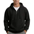 Mens casual black waffle knit quarter zip hoodie long sleeve hooded sweatshirt top - Black