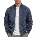 Men's Suede Bomber Jacket Casual Stand Collar Full Zip Long Sleeve Outerwear Solid Color - S / Tops / Navy Blue