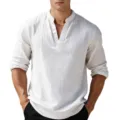 Top de jersey casual de color sólido con cuello en V y rayas verticales de manga larga para hombre. - S / Tops / Blanco