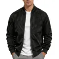 Men's Faux Suede Bomber Jacket Casual Stand Collar Full Zip Coat Daily Wear - S / Tops / Black