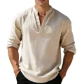 Top de jersey casual para hombre de manga larga con cuello en V a rayas beige. - S / Tops / Caqui