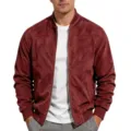 Men's faux suede bomber jacket full zip casual solid color stand collar long sleeve - S / Tops / Red