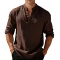 Hombre marrón acanalado manga larga cuello V casual henley camisa jersey pullover - Marrón Oscuro