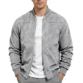 Men's Grey Suede Bomber Jacket, Solid Color Stand Collar Long Sleeve Zipper Casual Outerwear - Light Gray