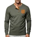 Camisa Henley de Manga Larga para Hombre Jersey de Punto Acanalado con Bolsillo - S / Tops / Verde Militar