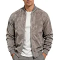 Men's stylish taupe suede bomber jacket with stand collar, long sleeves and front zipper. - Brown